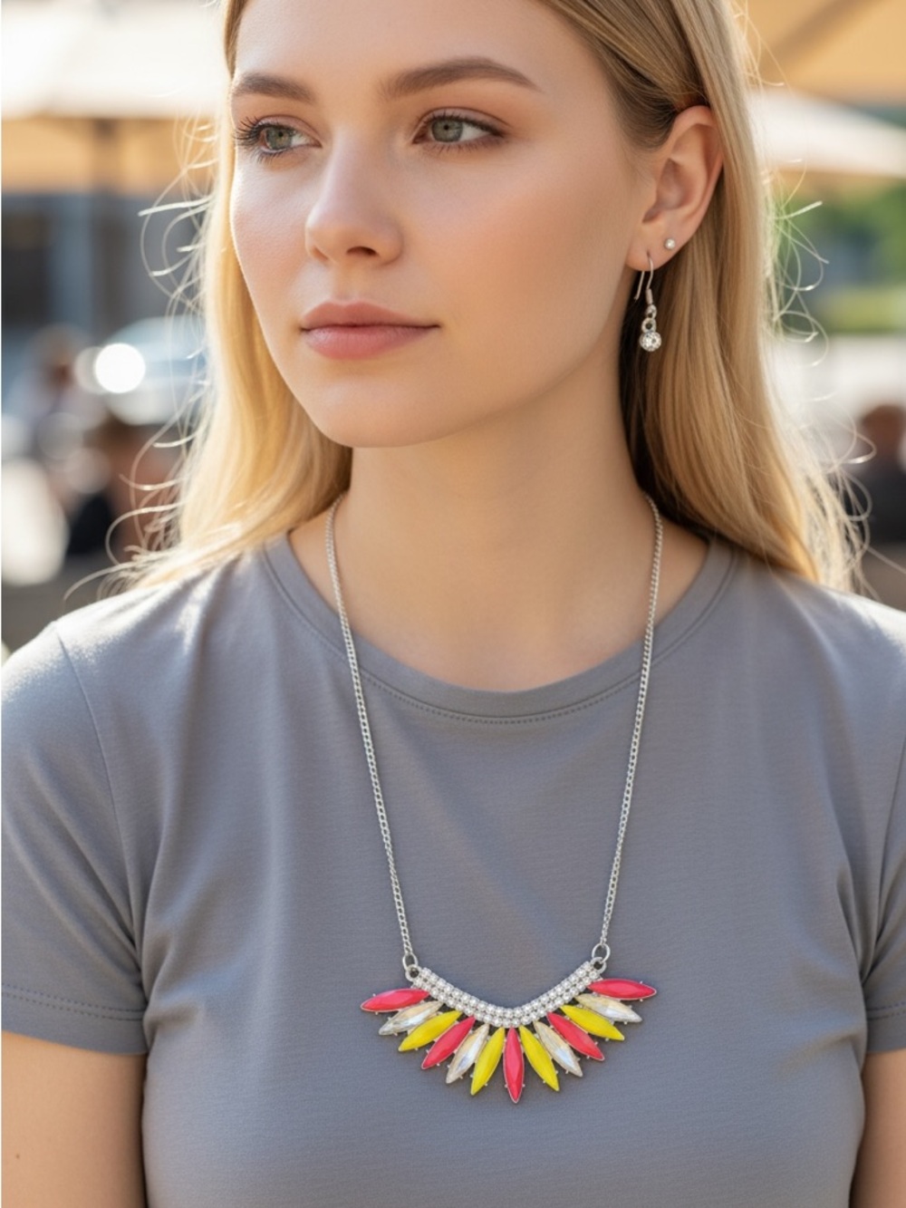 4/8 Colorful Statement Bib Necklace - Pink & Yellow